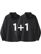 2pcs Set: Men's Casual Loose-Fitting Long-Sleeve Shirt with a Draping Effect, Black Premium Feel Versatile Top, Men's White Shirt Base Layer, Two-Shirt Set - Black+black