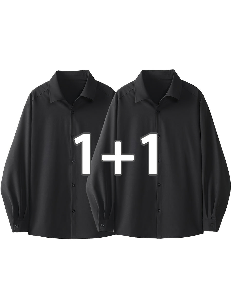 2pcs Set: Men's Casual Loose-Fitting Long-Sleeve Shirt with a Draping Effect, Black Premium Feel Versatile Top, Men's White Shirt Base Layer, Two-Shirt Set - Black+black