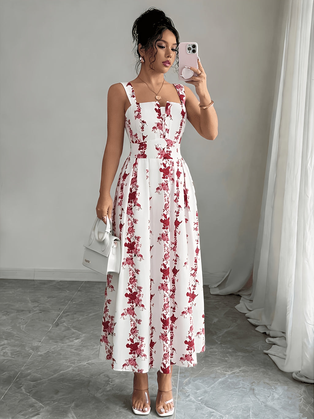 Women's Vintage Square Neck White Floral Print Camisole Dress, Featuring a Effect, Vintage Elegant Vacation Style, Suitable for Summer Dates and Casual Wear in Spring and Summer. Machine Washable - Red