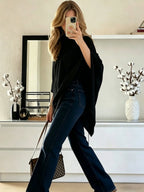 Women'S Asymmetrical Hem Chiffon Top, Casual Commute Blouse, Inner Layer Not Included - Black