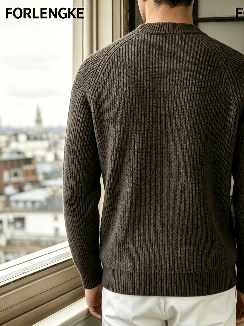 FORLENGKE Men's Business Casual Crew Neck Ribbed Knit Sweater, Soft Warm Long Sleeve Pullover for Fall Winter Office Daily Wear - Coffee Color