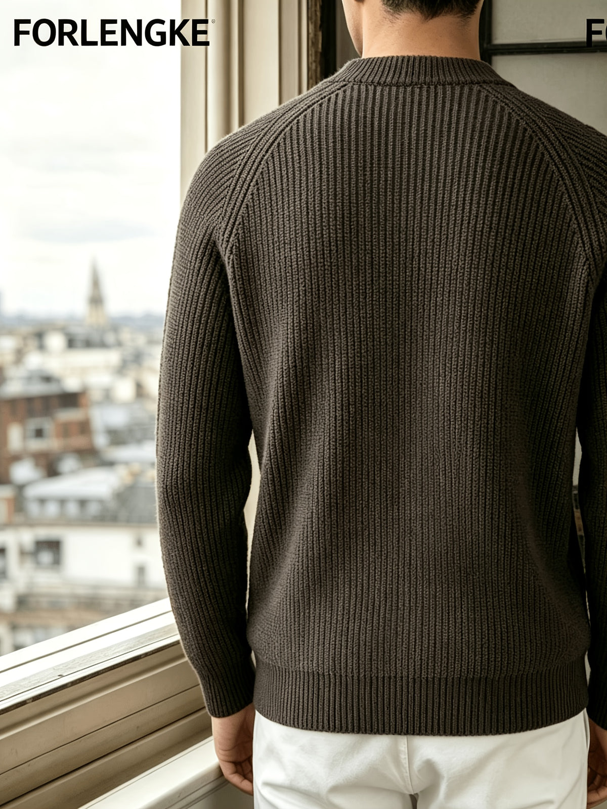 FORLENGKE Men's Business Casual Crew Neck Ribbed Knit Sweater, Soft Warm Long Sleeve Pullover for Fall Winter Office Daily Wear - Coffee Color