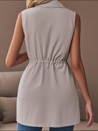 New Women'S Spring And Autumn Casual Elegant Crisp Version with Drawstring at The Waist, No Buttons, Sleeveless Trench Coat - Light Grey