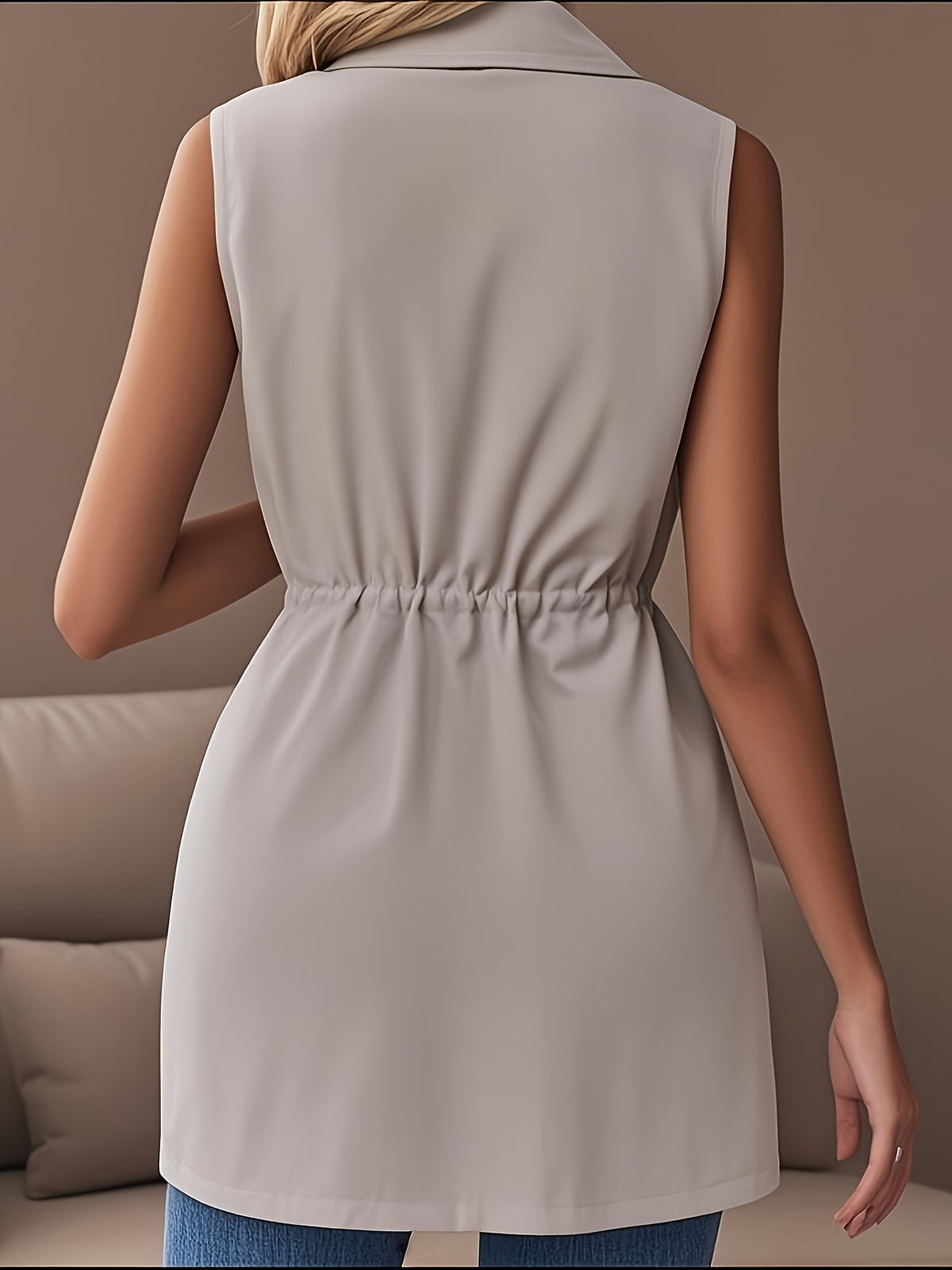 New Women'S Spring And Autumn Casual Elegant Crisp Version with Drawstring at The Waist, No Buttons, Sleeveless Trench Coat - Light Grey