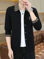 [Whale-Crossing Lan OB 1pc Autumn Winter New Men'S Knit Cardigan, Old Money Style Contrast Lapel Pocket Button-Front Cardigan Men'S Business Casual Fashion Button-Front Knit Top, Collar Design with Letter Embroidery Suitable for Spring, Autumn - Black