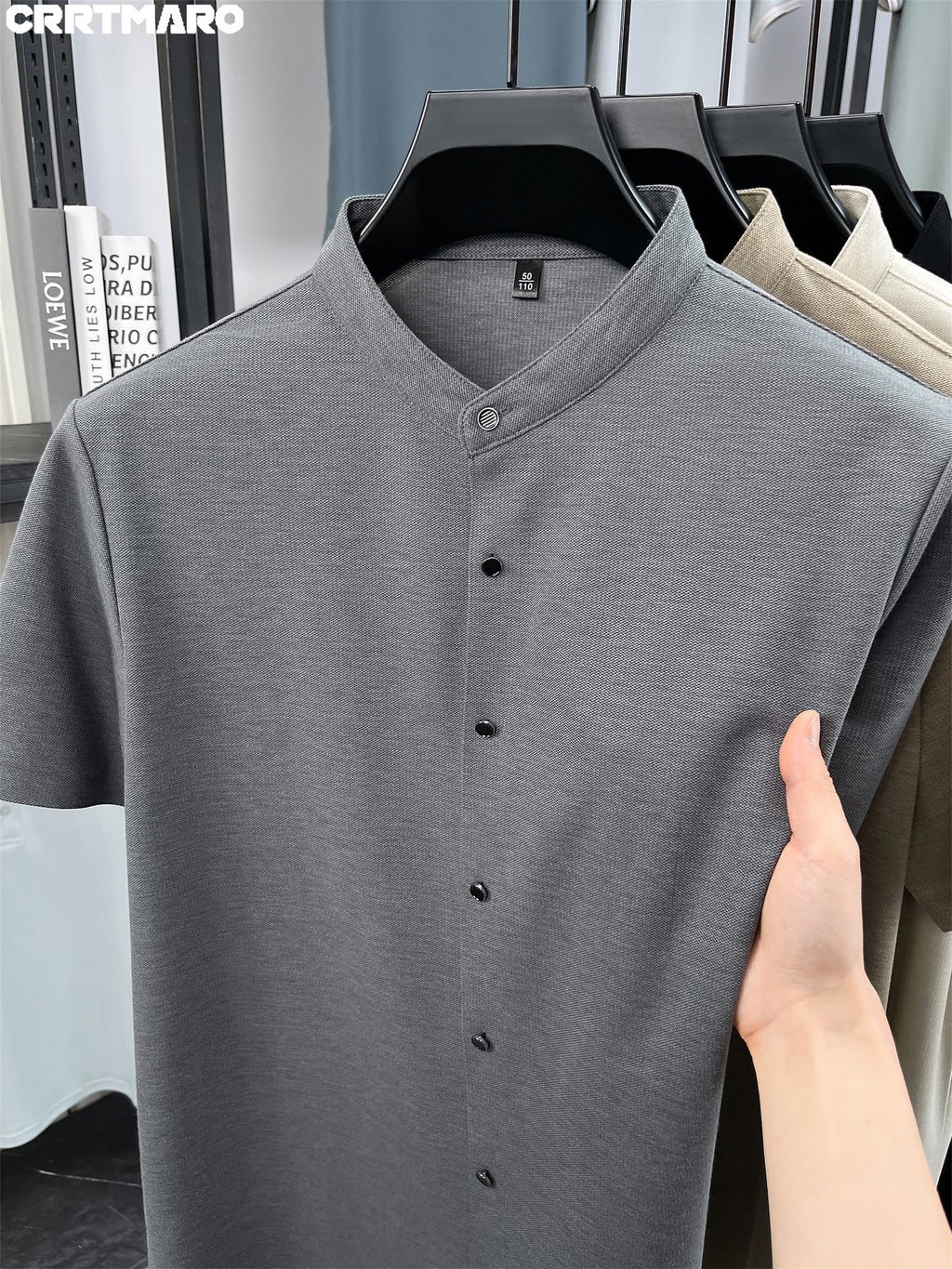 Kartmar CRRTMARO Summer New Chinese Stand-Up Collar Shirt Men'S Short Sleeve High-End Mandarin Collar Dress Shirt Business Casual Men'S Top Tiamai - Dark Gray
