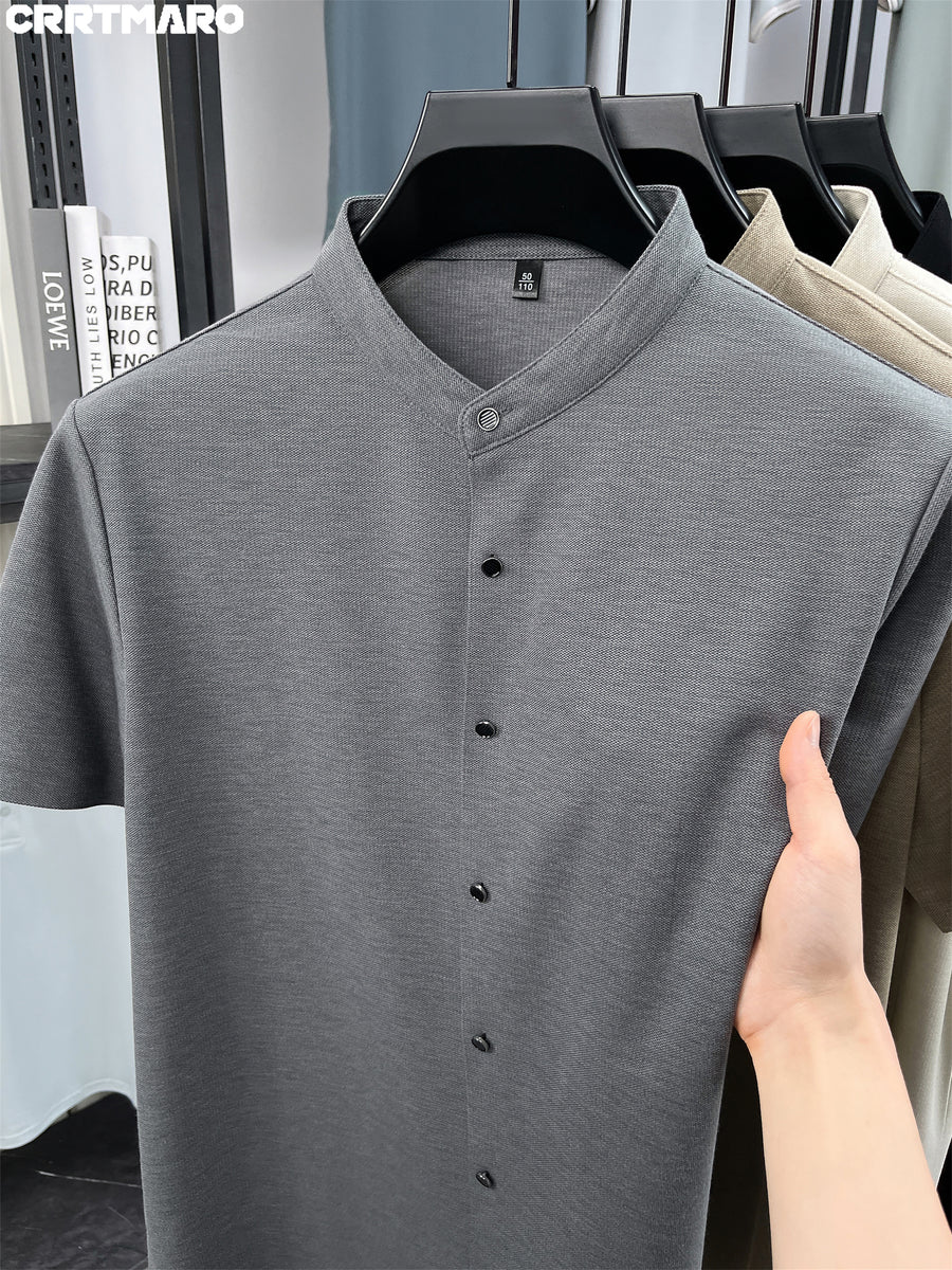 Kartmar CRRTMARO Summer New Chinese Stand-Up Collar Shirt Men'S Short Sleeve High-End Mandarin Collar Dress Shirt Business Casual Men'S Top Tiamai - Dark Gray