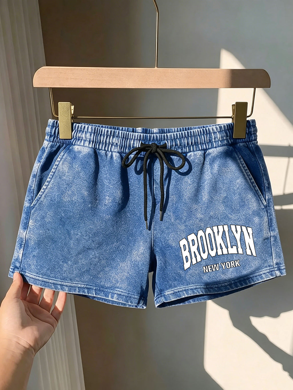 Summer Trendy Fashion Women'S Distressed Washed Shorts "BROOKLYN NEW YORK" Printed American Retro Preppy Style Comfortable for Hot Weather, with Adjustable Drawstring Waist And Pockets, Classic Silhouette, Comfortable Fit, Machine Washable Shorts - Blue