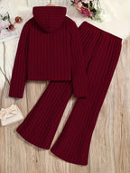 A Set of Women's Rib- Cable- Letter-appliqué Hoodie and Flared Pants - Burgundy