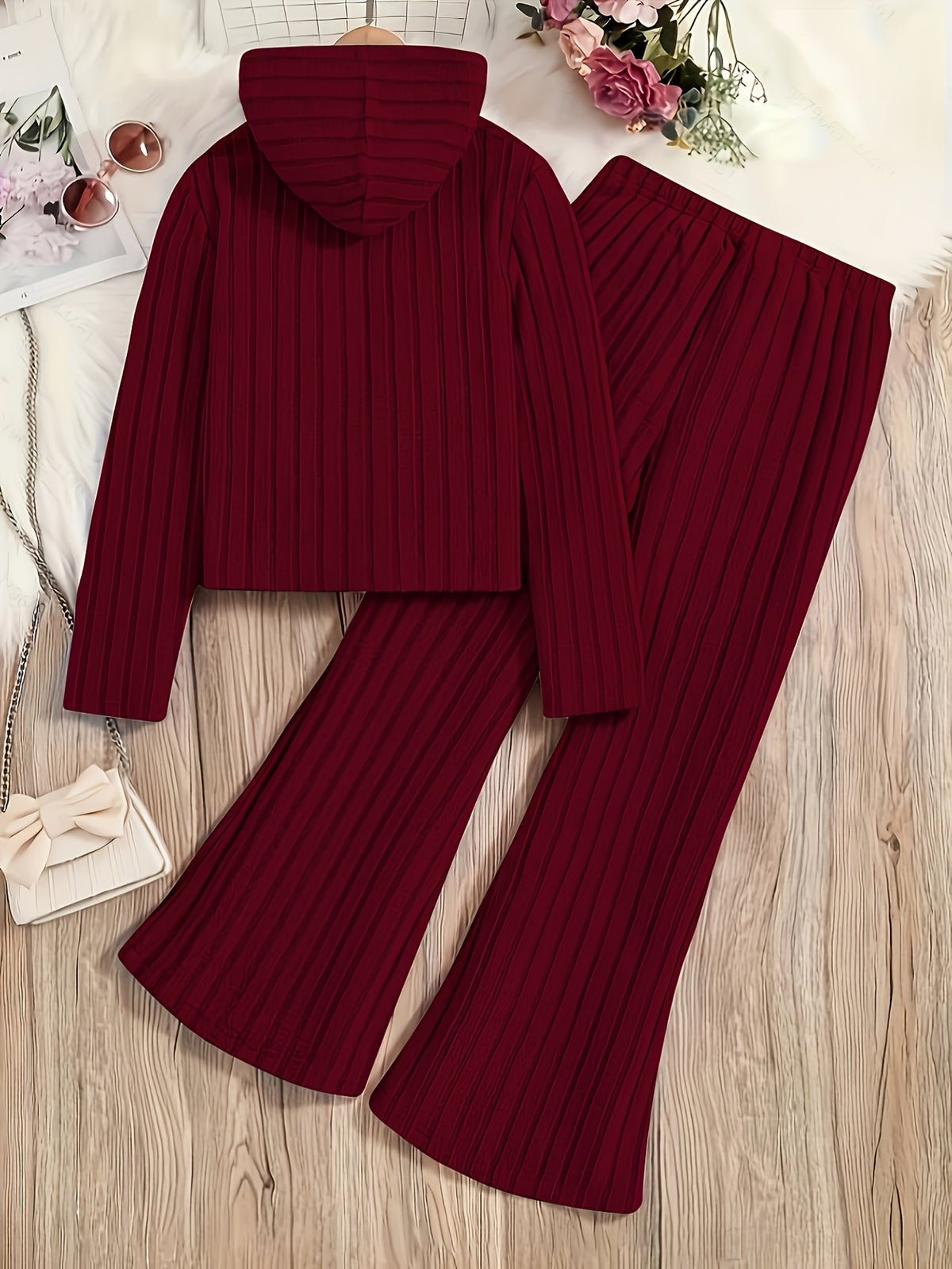A Set of Women's Rib- Cable- Letter-appliqué Hoodie and Flared Pants - Burgundy