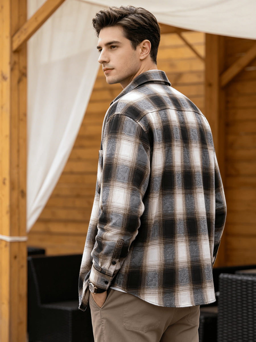 Men'S Plaid Long Sleeve Shirt, Lapel Button Design Loose Fit Fashion Casual Outdoor Street Versatile All-Season Base Layer - Khaki plaid pattern