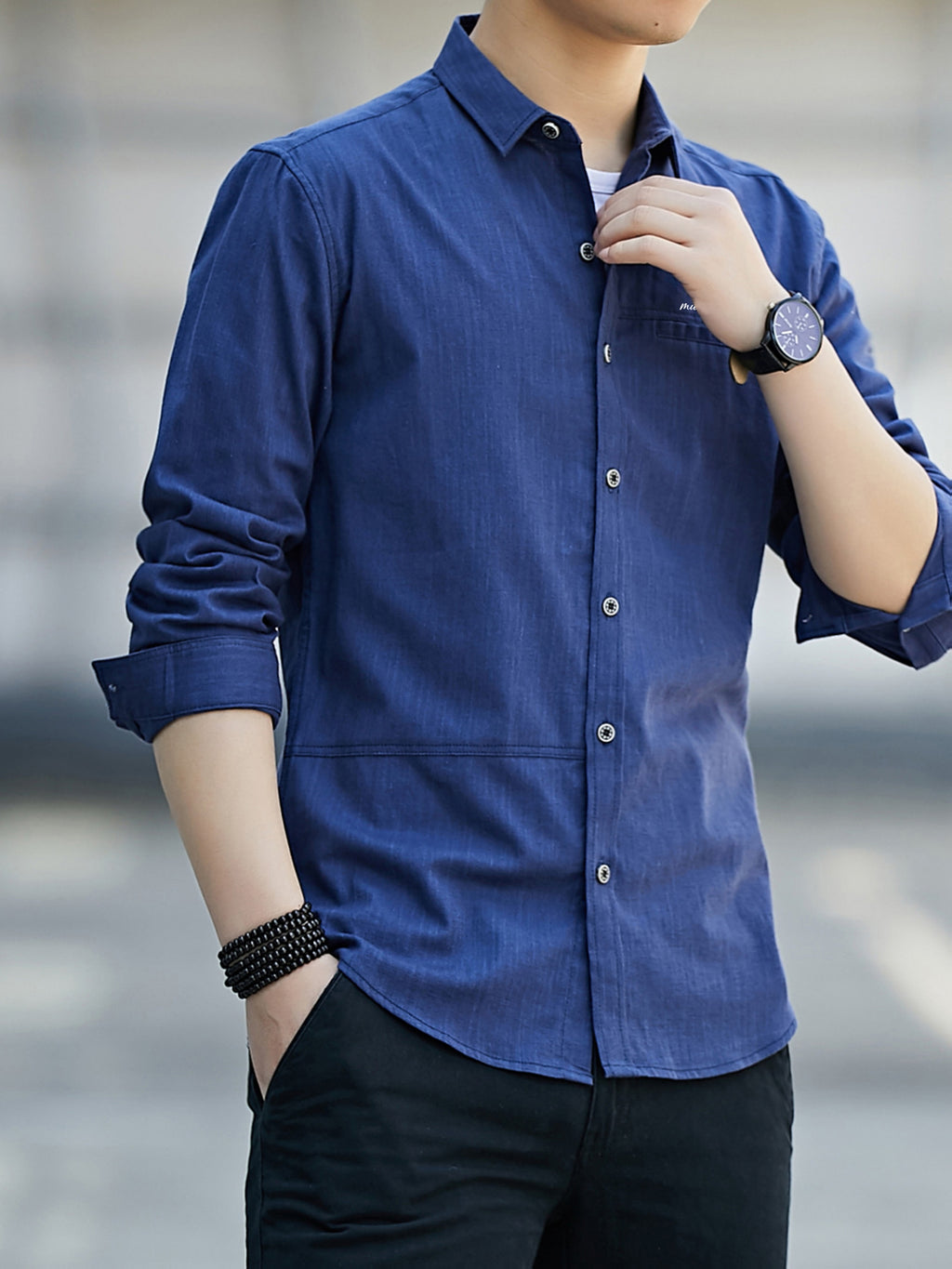 Men'S Casual Shirt, Spring/Autumn Style Linen-Like Collar Long Sleeve Versatile Solid Color Shirt, Minimalist Letter Print on Chest, Slim Fit Slimming Business Casual Top, Youth Daily Commute Versatile Men'S Clothing - Dark Blue