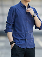 Men'S Casual Shirt, Spring/Autumn Style Linen-Like Collar Long Sleeve Versatile Solid Color Shirt, Minimalist Letter Print on Chest, Slim Fit Slimming Business Casual Top, Youth Daily Commute Versatile Men'S Clothing - Dark Blue