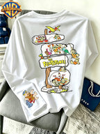 By Warner Bros., Featuring a Lively and Nostalgic Cartoon Print Design with Multiple Scenes of Road Signs, This Men's Comfortable 100% Pure Cotton Long Sleeved T-shirt Is Suitable for Outdoor Sports and Fitness - White