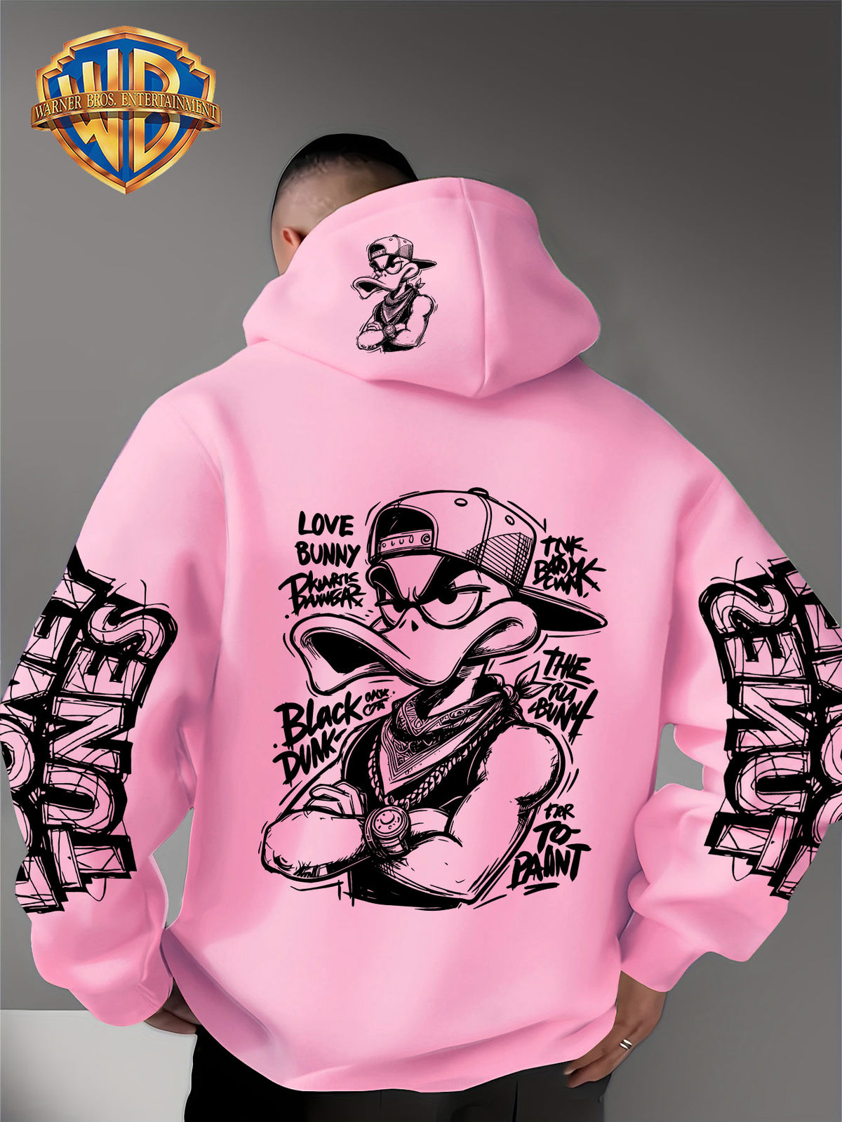 Dark Duffy Duck Pattern Print - Men'S Fashion Hoodie Sweatshirt, Trendy Sleeve Print Design, Suitable for Multi-Style Daily Wear Pullover, Soft And Delicate Touch, Helping You Be Comfortable And Stylish, Easily Mastered for Campus, Commuting - Pink Color