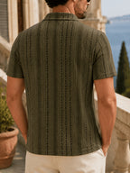 Men's Summer Knit Polo Shirt, Fashion Vertical Jacquard Stripe, Half-Zip Geometric Texture, Suitable for Trips, Business Occasions & Evening Dates - Men's Knit Polo Shirt (Dark Green)