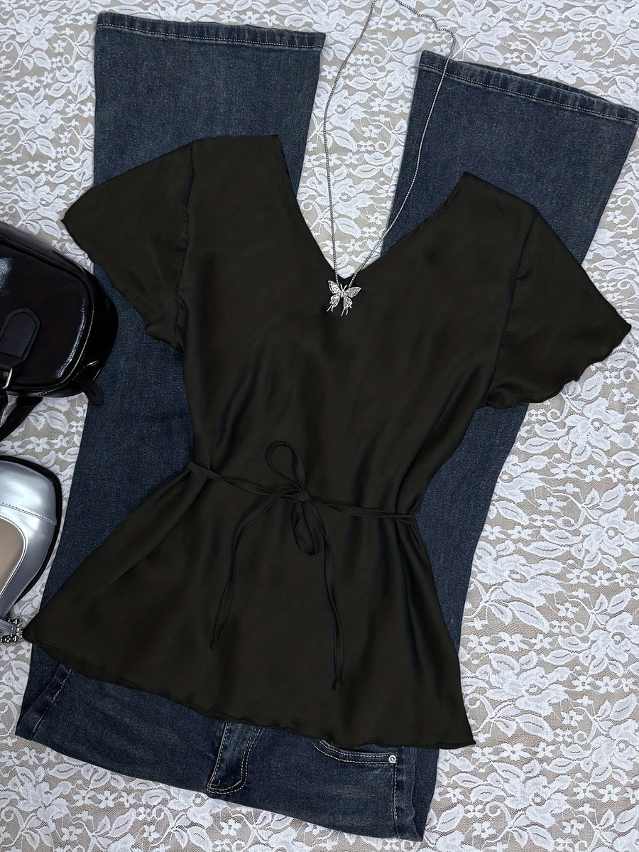 Women's Casual Solid Color Back-Tie Ruffle Sleeve Flutter Sleeve V-Neck Bow Tie Shirt, Suitable for Summer, Autumn, Spring, All-Season Wear, Ideal for Dating, Vacation, Shopping, and Daily Casual Outfits - Black