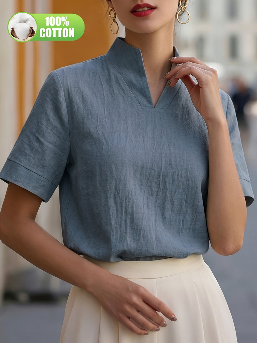 Elegant and Summer New Style Fashionable 100% V-Neck Back Zipper Short Sleeve Everyday Versatile T-Shirt Top ASD1 for Women of Distinguished Temperament - Grey-blue
