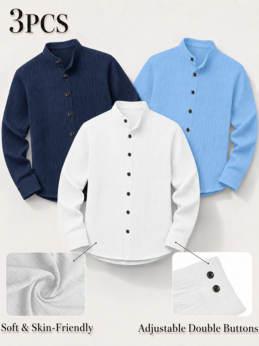 [Zhiyu'S OBM] 3pcs Men'S Long Sleeve Casual Shirt Set, Easy Solid Colors, Stand-Up Collar Design, Lightweight Breathable Fabric with Double-Button Adjustable Cuffs, Switch Between Loose And Tight Comfort, Perfect for Beach Vacations, Pool Parties - White, Light Blue, Navy Blue