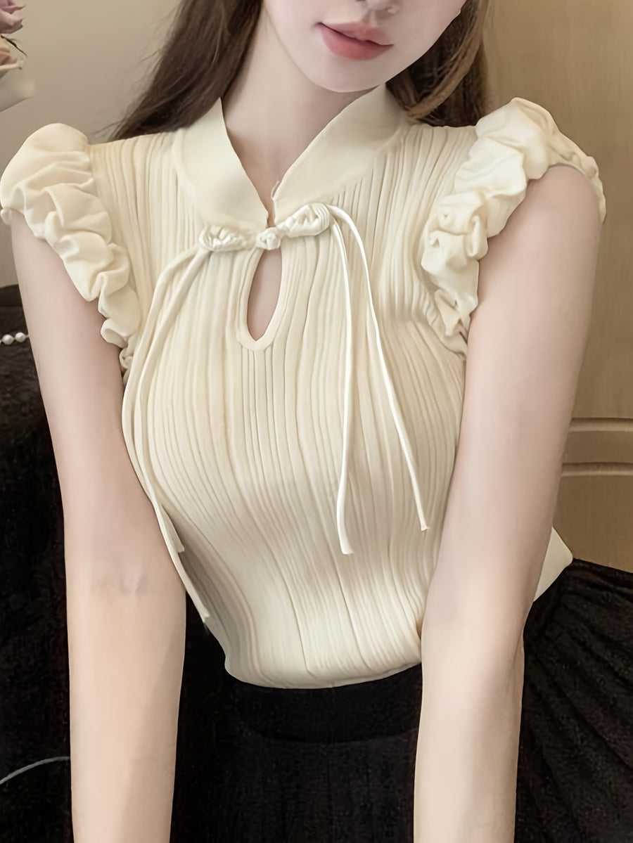 Sleeveless Top with a Solid Color, Featuring a Stand Collar And Ruffles, Perfect for Casual Spring And Summer Wear, Versatile And Elegant for Women'S Fashion - Apricot