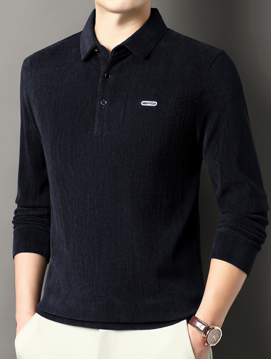Men's Spring/Autumn Lightweight Knitted Long-Sleeve Polo Shirt with Vertical Stripe Texture, Lapel Collar, Three-Button Placket, Business Casual Versatile Base Layer Top for Middle-Aged Men - Navy Color