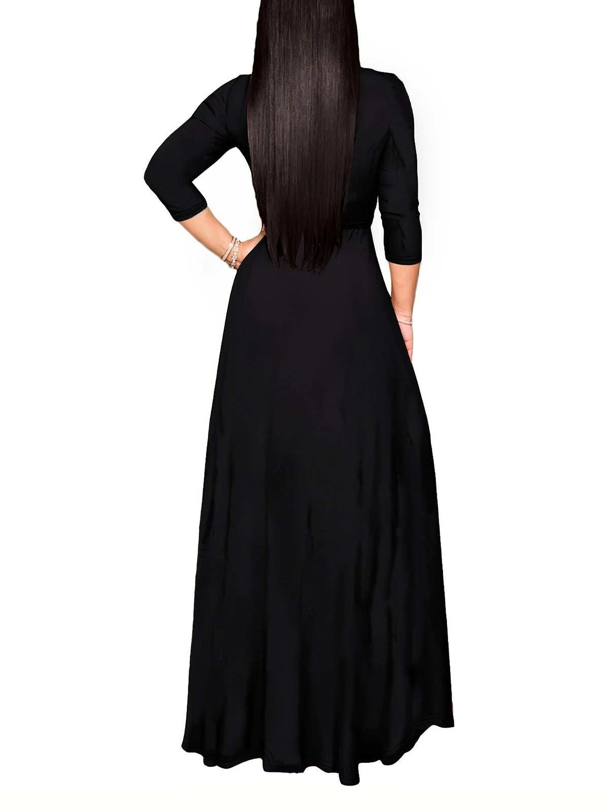 Western Fashion Solid Color V-Neck Women'S Dress Elegant Long Dress with Belt - Black