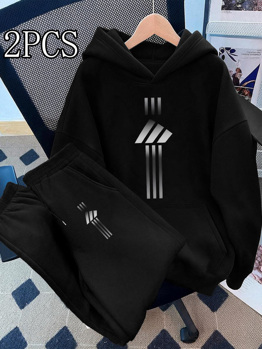 2pcs Value Pack: Stylish and Elegant Y2K Style Sportswear for Women, Suitable for Spring, Autumn, and Winter. Hooded -Lined Sweatshirt + -Lined Long Pants Set. 2pcs Outfit for Indoor and Outdoor Wear. Geometric Print Hooded Top and Long Pants Set. - Black+black