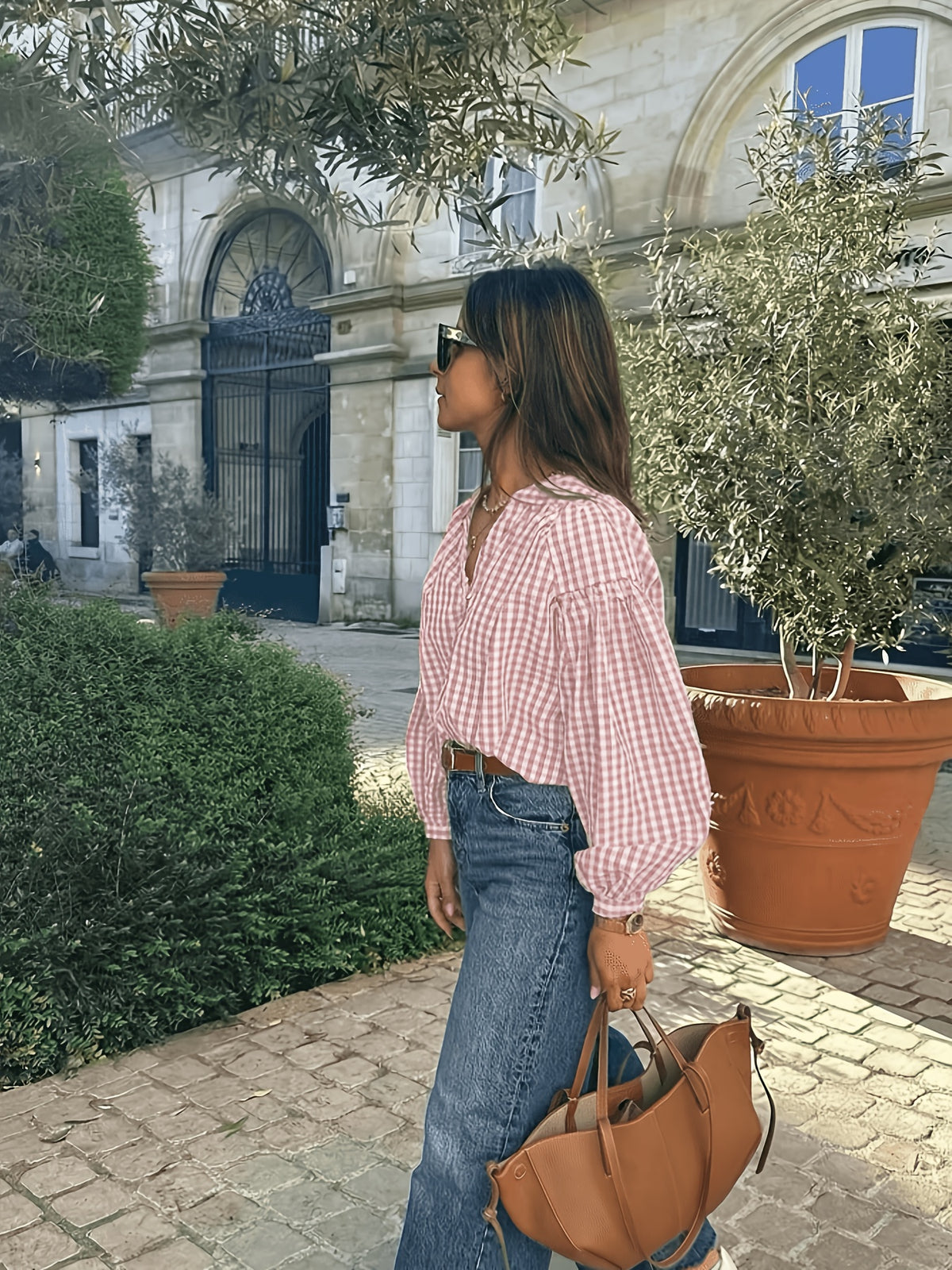 Fresh Plaid V-Neck Loose Fit Commuter Long Sleeve Shirt with Contrast Color Plaid and Front Buttons - Pink