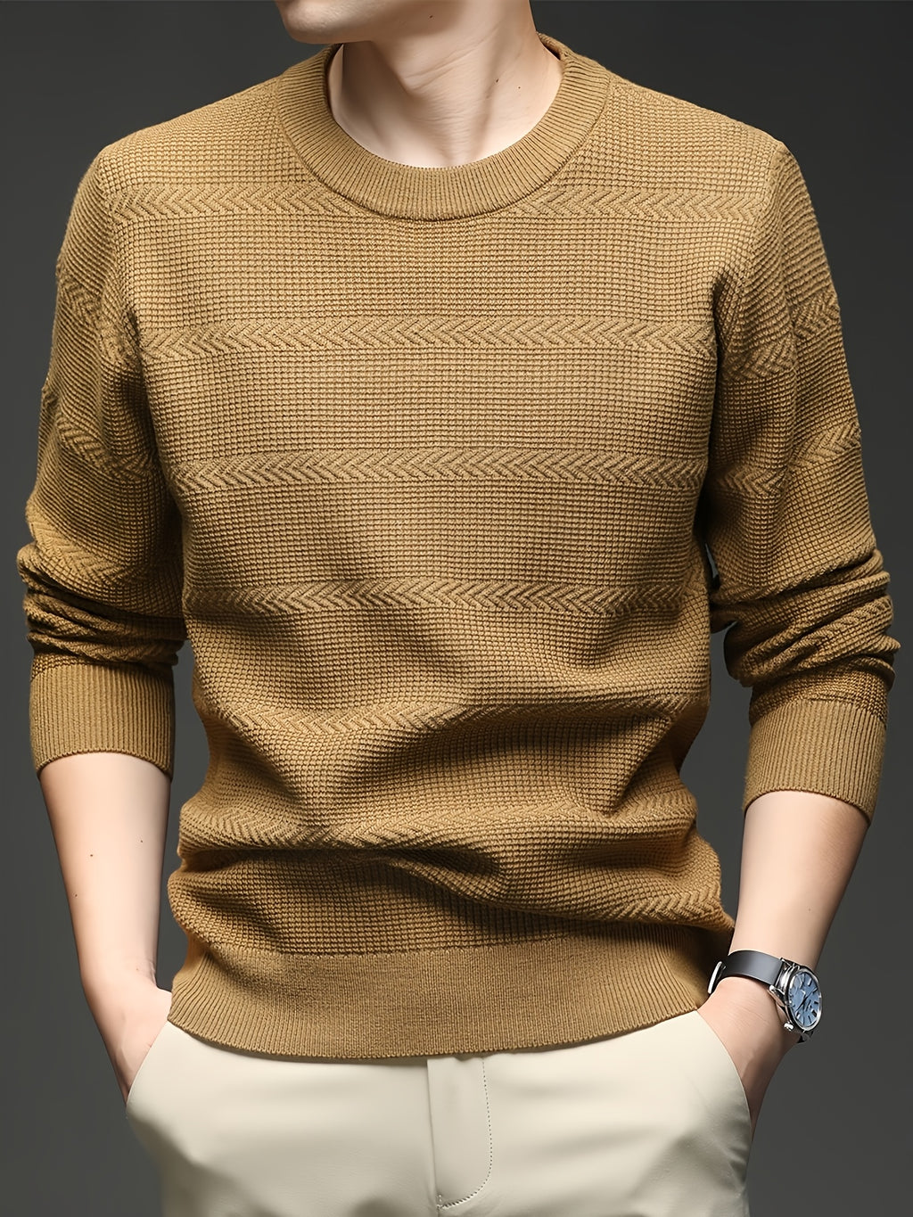 Men's Quiet Luxury Mustard Crew Neck Sweater, Textured Herringbone Knit Pullover, Old Money Aesthetic Fall Winter Top - Camel