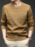 Men's Quiet Luxury Mustard Crew Neck Sweater, Textured Herringbone Knit Pullover, Old Money Aesthetic Fall Winter Top - Camel