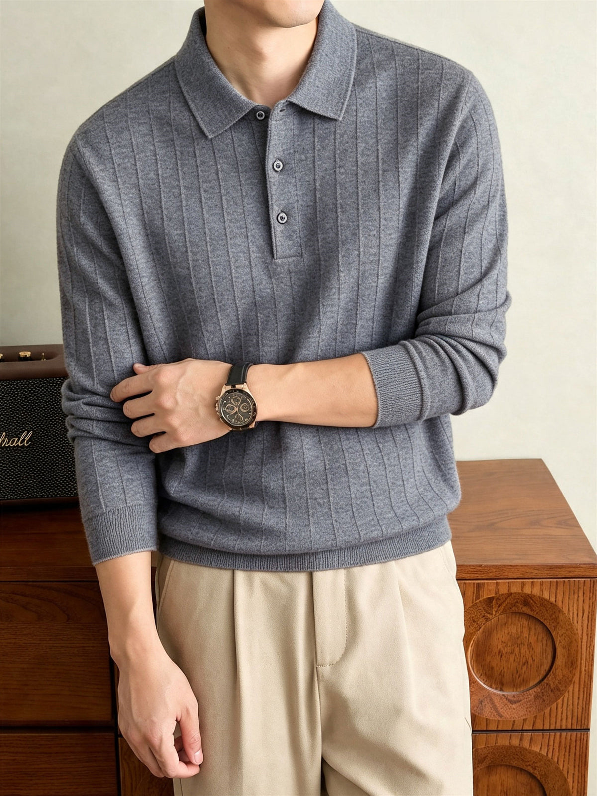 Autumn Winter Knit 3D Solid Color Lapel Sweater, Basic Knit Pullover Top for Men, Fashionable Long Sleeve Sweater HJ - 【Light Grey】