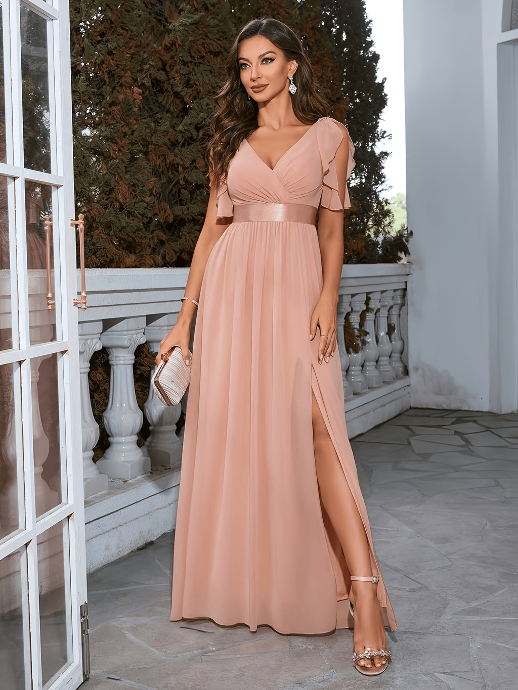 Women'S Elegant V-Neck Shoulder Ruffle Chiffon Bridesmaid Gown Dress with Cinched Waist Elastic Band - Pink