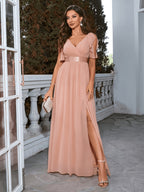 Women'S Elegant V-Neck Shoulder Ruffle Chiffon Bridesmaid Gown Dress with Cinched Waist Elastic Band - Pink