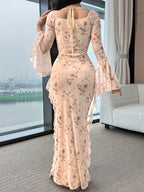 Spring/Summer Women's Lace Dress, Romantic Floral Ruffle Hem, Wedding Date Square Neckline Nude Pink Lace Long Dress WJ485 - Multicolor