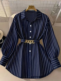 [Size for Regular Fit] Women'S Spring Autumn Elegant Striped Loose Long Sleeve Shirred Blouse, Chain Detail Tie-Waist Shirt - Navy Color