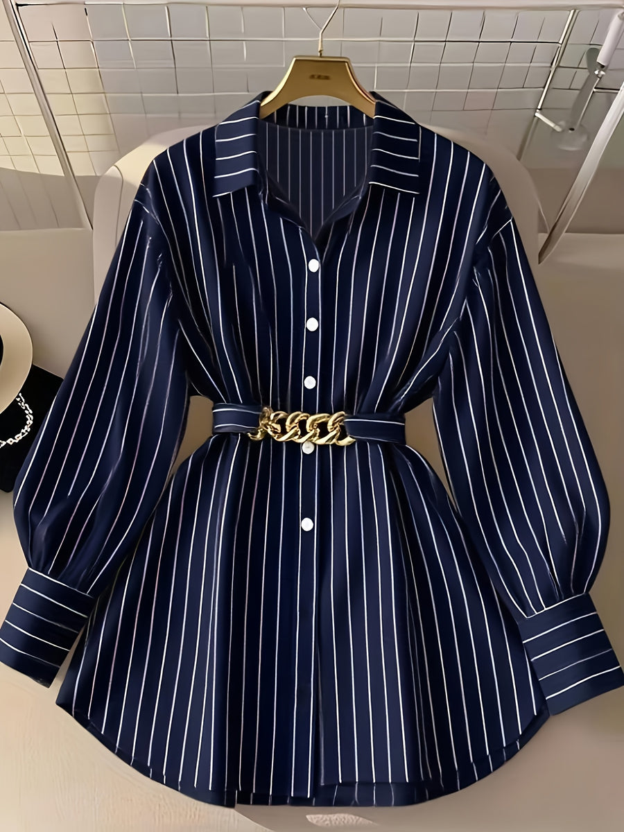 [Size for Regular Fit] Women'S Spring Autumn Elegant Striped Loose Long Sleeve Shirred Blouse, Chain Detail Tie-Waist Shirt - Navy Color