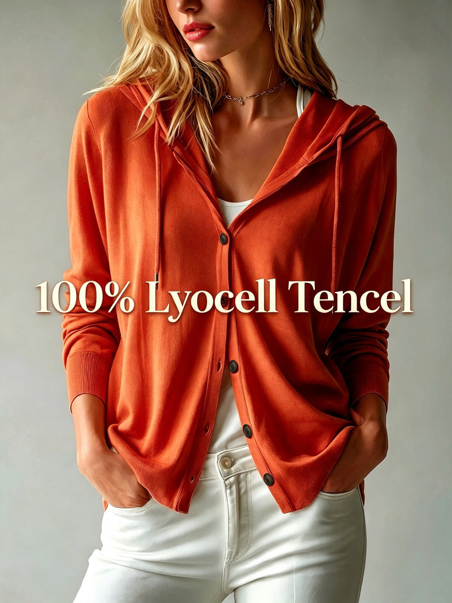 Lyocell Tencel Women'S Sweater Cardigan Hooded Cardigan Women'S Spring Autumn Winter Style Long Sleeve Button Loose Coat, Western Style Casual Temperament Top, Drawstring Hood Design, Daily Commute Outing Versatile Outerwear Elegant - Orange Red