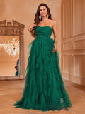 Romantic Strapless Wedding Dress, Bridal Gown with Tiered Ruffled Tulle Skirt And A-Line Cut - Perfect for Classic Weddings, Graduation Gowns, Evening Receptions, Birthday Women'S Attire - Green