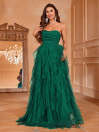 Romantic Strapless Wedding Dress, Bridal Gown with Tiered Ruffled Tulle Skirt And A-Line Cut - Perfect for Classic Weddings, Graduation Gowns, Evening Receptions, Birthday Women'S Attire - Green