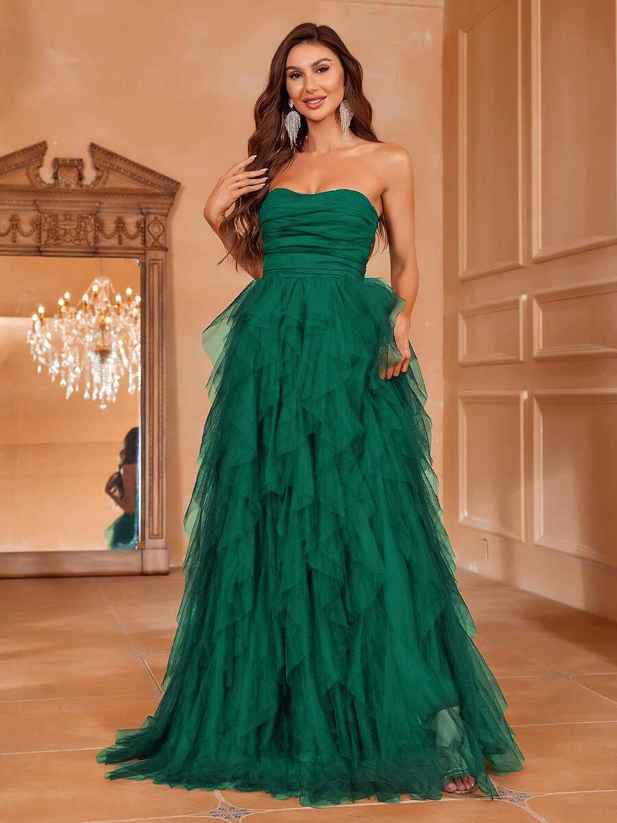 Romantic Strapless Wedding Dress, Bridal Gown with Tiered Ruffled Tulle Skirt And A-Line Cut - Perfect for Classic Weddings, Graduation Gowns, Evening Receptions, Birthday Women'S Attire - Green