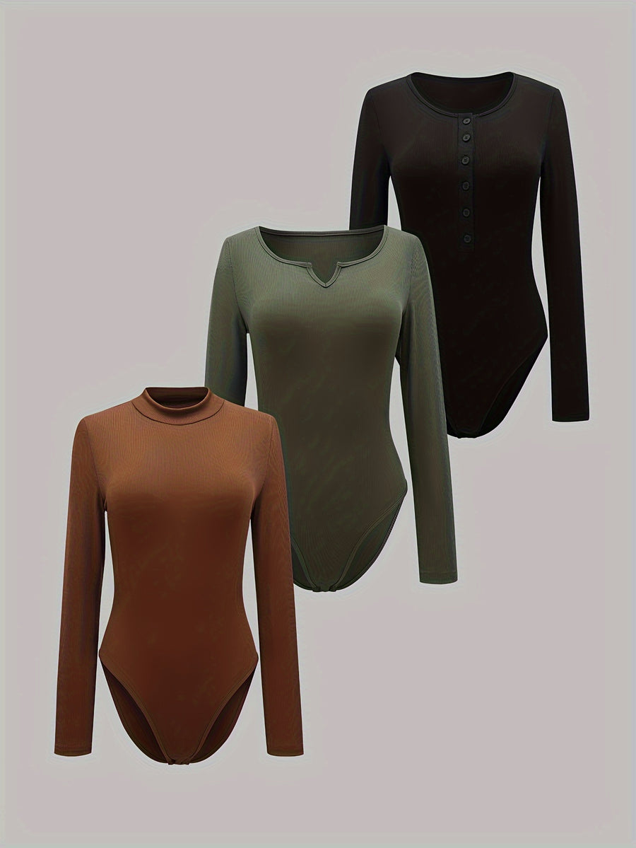 New Solid Color Long-Sleeve Fitted Bodysuit with Multiple Collars - Multicolor