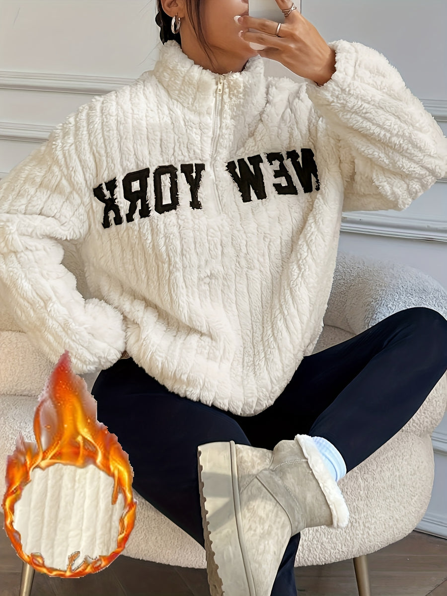 Autumn-Winter Warm Women's Letter Embroidered Stand Collar Zipper Double-Sided Pullover, Elegant Solid Color Top Coat for Women - Apricot