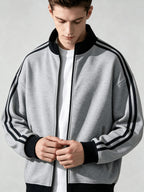 Stand Collar Striped Sports Jacket Waffle Knit Fabric Soft And Breathable Full Zip Closure for Easy Wear Double Zipper Pockets for Storage Drop Shoulder Loose Style Retro Casual, Spring, Fashion, Men, Outdoor, Quick-Dry - Light Hemp Grey
