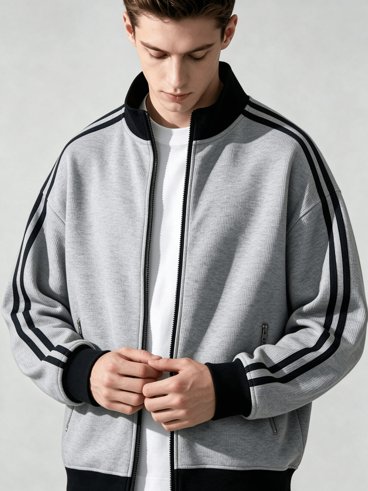 Stand Collar Striped Sports Jacket Waffle Knit Fabric Soft And Breathable Full Zip Closure for Easy Wear Double Zipper Pockets for Storage Drop Shoulder Loose Style Retro Casual, Spring, Fashion, Men, Outdoor, Quick-Dry - Light Hemp Grey