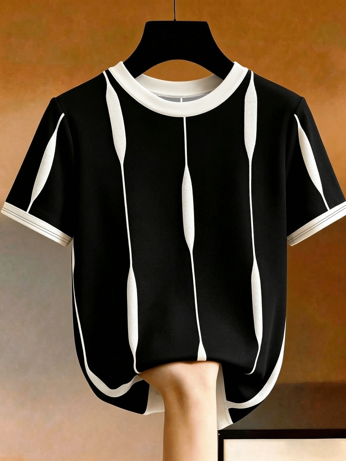 [Printed Design - Not Textured] Women's Casual Color-Block Crew Neck Short Sleeve T-Shirt, Summer Style - Black