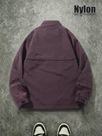 Men's Spring/Autumn American-Style Nylon Solid Color Stand Collar Jacket, Breathable Lightweight Windproof Functional Workwear Outerwear, Loose Fit Streetwear Casual Windbreaker - Deep Purple
