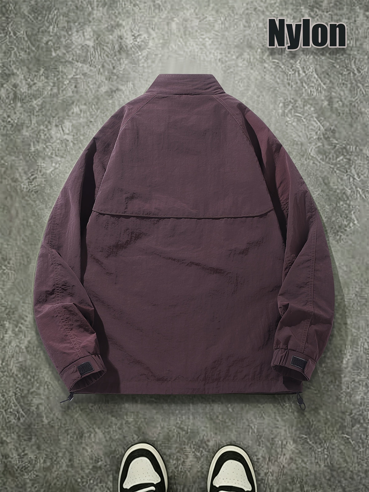 Men's Spring/Autumn American-Style Nylon Solid Color Stand Collar Jacket, Breathable Lightweight Windproof Functional Workwear Outerwear, Loose Fit Streetwear Casual Windbreaker - Deep Purple