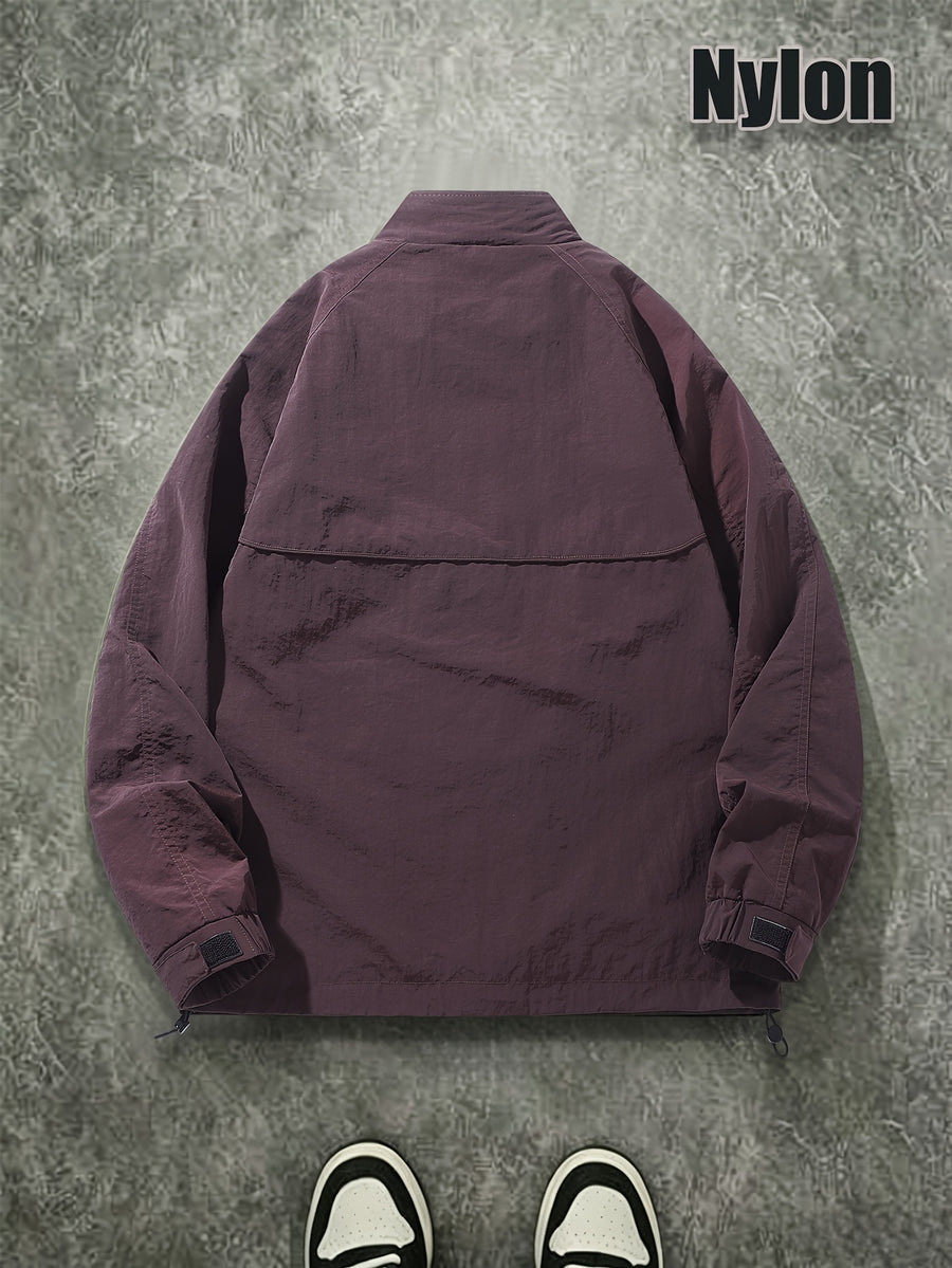 Men's Spring/Autumn American-Style Nylon Solid Color Stand Collar Jacket, Breathable Lightweight Windproof Functional Workwear Outerwear, Loose Fit Streetwear Casual Windbreaker - Deep Purple