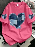 Plus Size, Plus Size Women's Casual Denim Patchwork Heart Print Crew Neck T-Shirt, Comfortable and Relaxed, Suitable for Summer Vacations, Beach, Holidays, Spring, Valentine's Day, Carnival Gifts - Rose Red