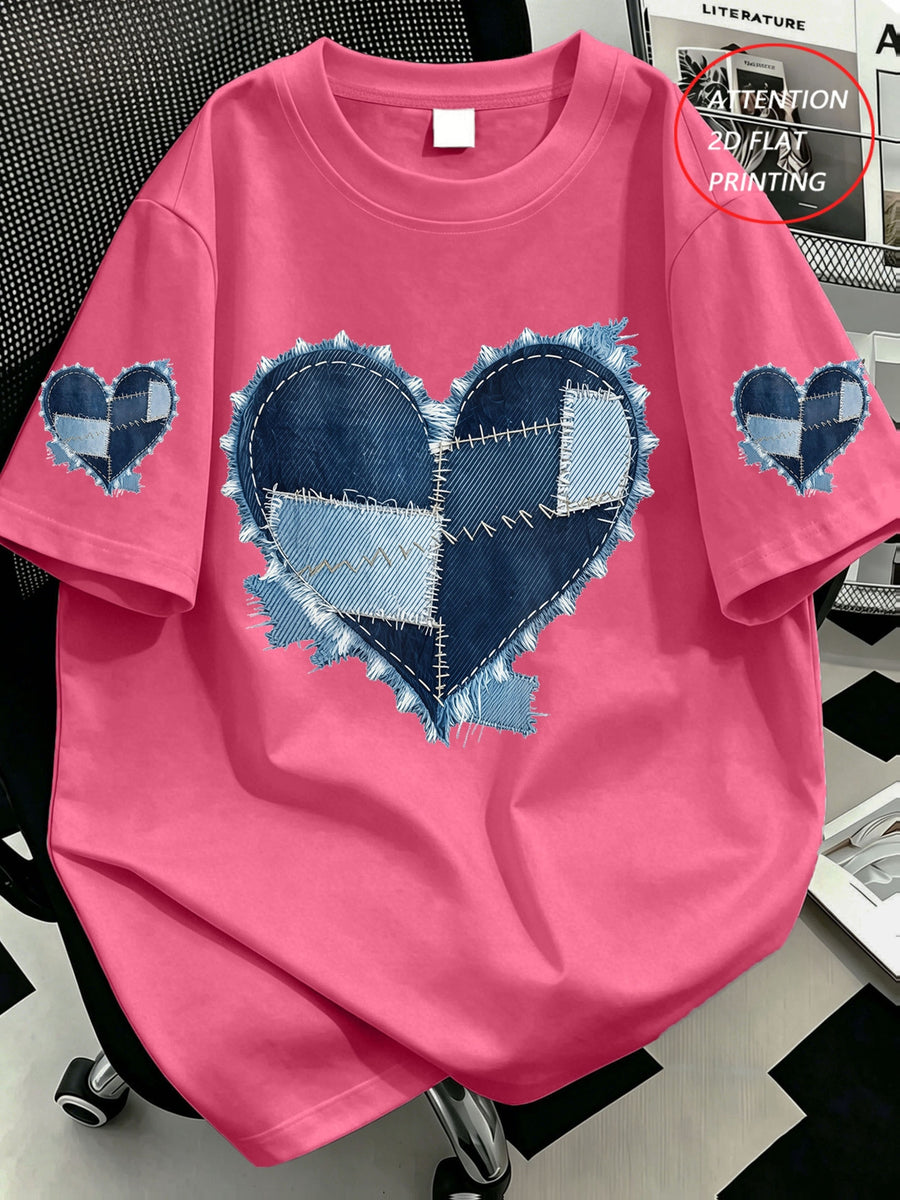 Plus Size, Plus Size Women's Casual Denim Patchwork Heart Print Crew Neck T-Shirt, Comfortable and Relaxed, Suitable for Summer Vacations, Beach, Holidays, Spring, Valentine's Day, Carnival Gifts - Rose Red